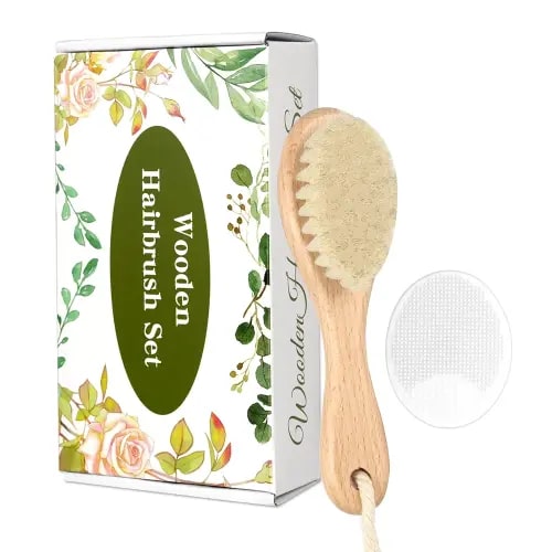 Wooden Soft Goat Bristles Brush with Baby Silicone Hair Scrubber Cradle Cap Brush for Newborn, Toddler, Infant, Baby Hair Care Kit (White)