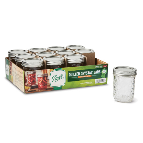 Ball Half-Size Quilted Crystal Mason Jar w/ Lid & Band, Regular Mouth, 8 Ounces, 12 Count