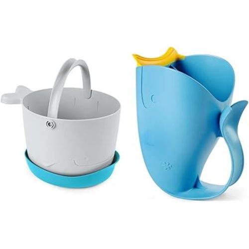 Skip Hop Bath Toy Storage, Moby Stowaway Bucket, Grey & Baby Bath Rinse Cup, Moby Tear-Free Waterfall Rinser, Blue