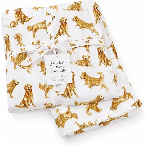 Mud Pie Golden Retriever Muslin Swaddle Blanket, Cotton Baby Receiving Blanket with Dog Print