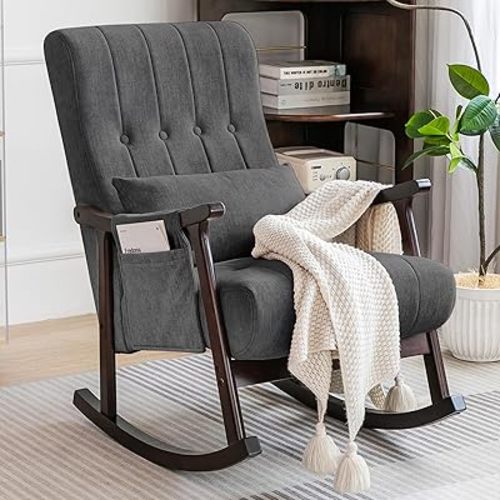 COCO DESIGN Upholstered Rocking Chair, Nursery Rocking Chair Indoor for Living Room, Modern Glider Rocker with Pillow&Side Pocket, High Back Padded Seat Side Armchair for Old Man,Dark Grey