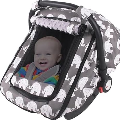 Car Seat Covers for Babies,Baby Car Seat Cover & Breathable Mesh Window,Infant Carseat Cover Windproof for Boys Girls,Newborn Shower Gift,Baby Stroller Car Seat Canopy for 4 Seasons(Elephant)