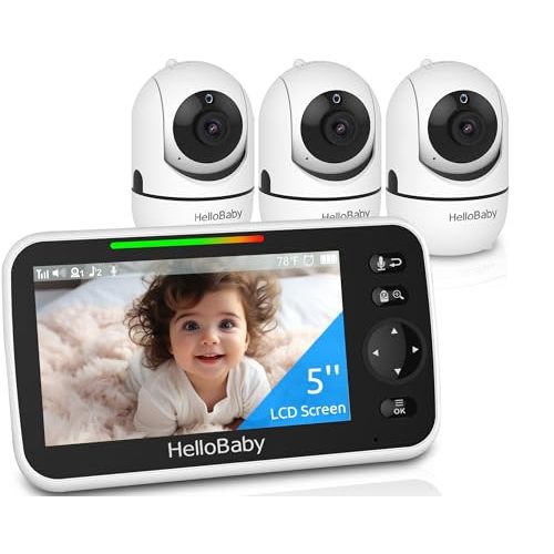 HelloBaby 5" Screen Baby Monitor with 3 Cameras - No WiFi HB6550 Video Baby Monitor, 1000ft Long Range, ECO, 26 Hour Battery, Pan-Tilt-Zoom Night Vision, Temperature Sensor & 2-Way Audio, 8 Lullabies