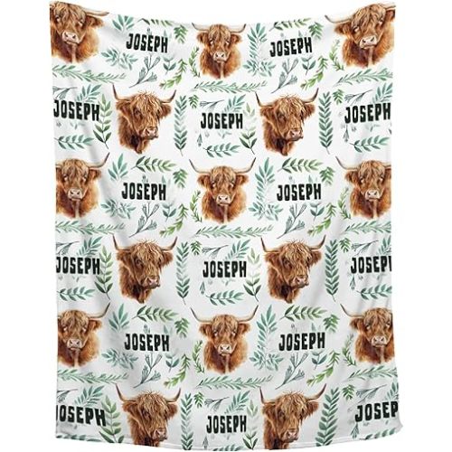 Custom Highland Cow Blanket,Personalized Highland Cow Baby Blanket,Soft Cozy Personalized Name Blankets for Kids Infant Toddler,Baby Gift Blanket for Birthday,30"x40"-Toddler Size for Baby/Pet