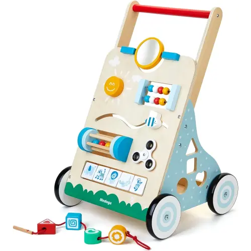 Wooden Baby Walker, 10 in 1 Baby Activity Center Walker Adjustable Wood Toddler Walker Push Walker Toy for Boys and Girls (BW001)