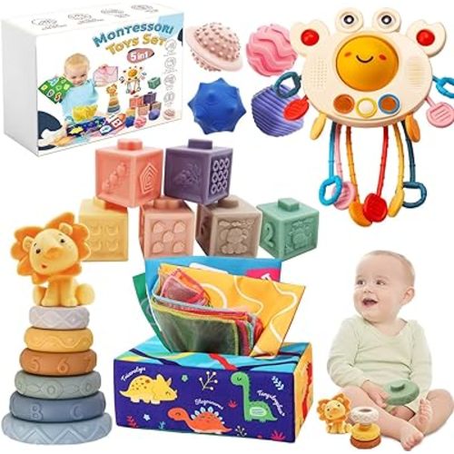 Montessori Baby Toys 6 to 12 Months, 5 in 1 Montessori Toys 6 12 18 M+, Baby Stacking Toys, Baby Tissue Box Toys, Pull String Activity Toys, Baby Toy Set for 1 2 3 Year Boy Girl Gift