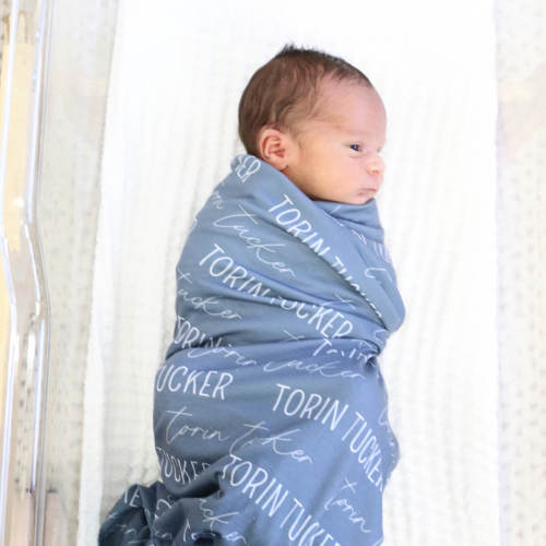 Personalized Dusty Blue Baby Name Swaddle Blanket - Block & Script