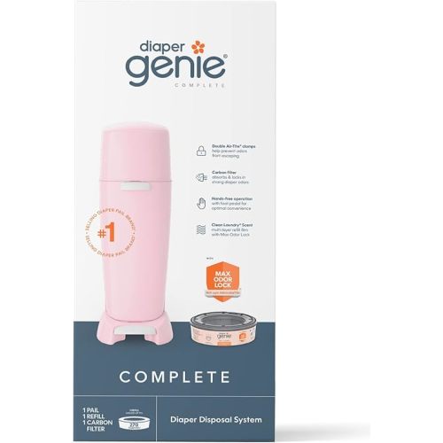 Playtex Diaper Genie Complete Pail with Built-In Odor Controlling Antimicrobial, Includes Pail & 1 Refill, Pink