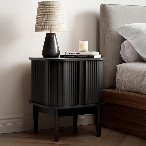 Fluted Nightstand with Sliding Doors, Modern Bedside Table with Solid Wood Legs, Wood Night Stand for Bedroom (Black)