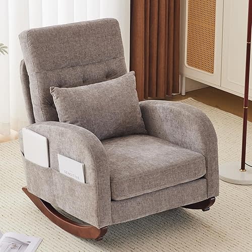 VINGLI Chenille Low Seat Rocking Chair, Upholstered Nursery Glider Chair with Side Pockets,Accent Arm Chair with High Backrest,Comfy Head Rest, and Solid Wood Base For Living Room Bedroom Balcony,Grey