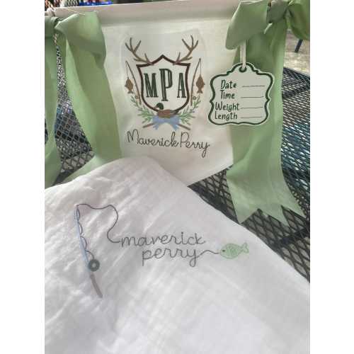 Embroidered Hunting Fishing Baby Banner and Muslin Blanket Gift Set