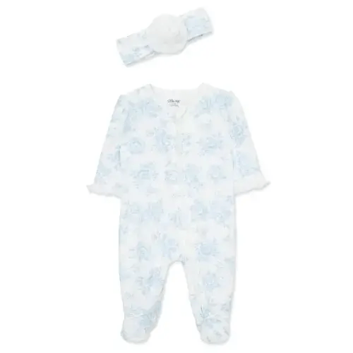 Blue Roses 2-Way-Zip Footed One-Piece And Hat
