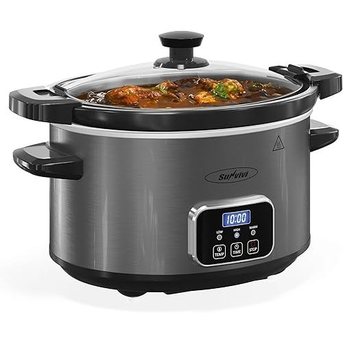Sunvivi 4QT Slow Cooker, Programmable Pot with Locking Lid, Removable Ceramic Pot, 3 Heating Settings & Time Control,Dishwasher-safe Lid & Pot, Grey
