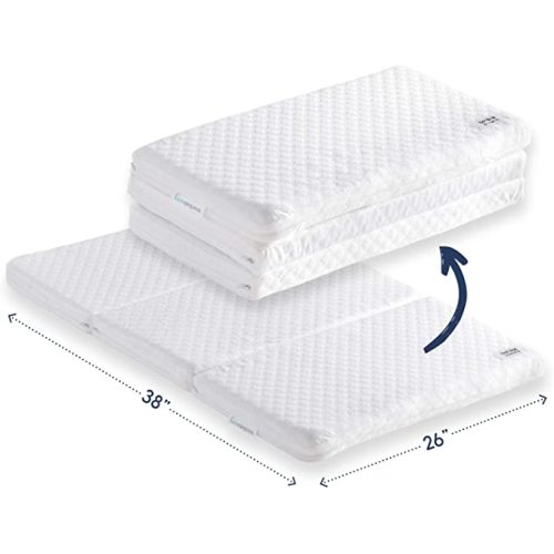 Tri-fold Pack n Play Mattress Pad with Firm (for Babies) & Soft (Toddlers) Sides | Portable Foldable Playard Mattress, Playpen Mattress for Pack and Play Crib | Includes Carry Case - Tri-fold Playard Mattress With Cover