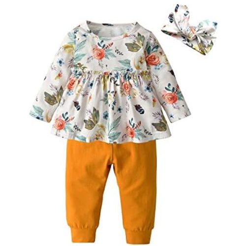 3PCS Baby Girl Clothes Ruffle Floral Shirt Tops Pants Headband Outfit Sets