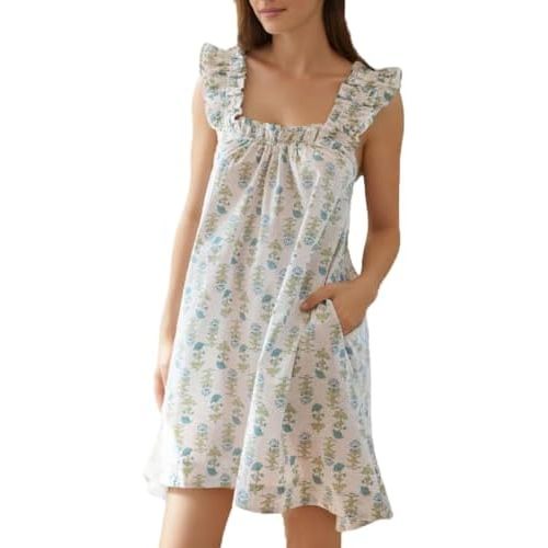 Womens Ruffle Sleeveless Nightgowns Soft Cute Printed Sleep Dress Comfy Lightweight Sleepwear