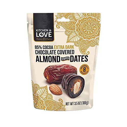 Kitchen & Love Chocolate Covered Almond Stuffed Dates in a Convenient Resealable Pouch, 8 Individually Wrapped Pieces, 85% Extra Dark Chocolate, Healthy Snack, 3.5 oz, Pack of 1