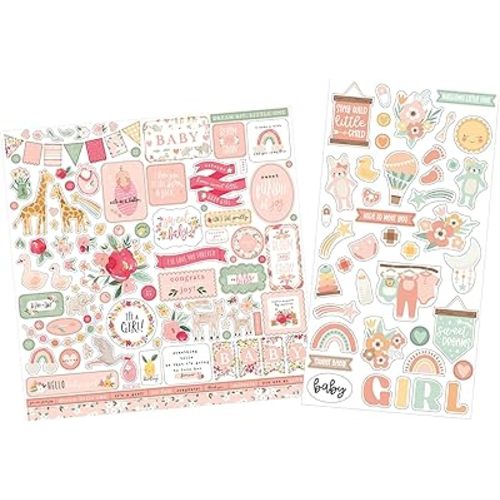 Baby Girl Scrapbook Stickers - Decorative Stickers for Scrapbooking, DIY Crafts, Photo Album, Journal - Pink Aesthetic Design with Flowers, Toys - 2 Items