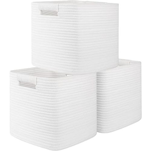 OIAHOMY Storage Cubes 11 Inch - 3 Pack, Cotton Rope Woven Baskets for Organizing, Square Storage Baskets for Shelves Organizer, Classroom, Kids Toy Bins, Closet, Baby Nursery-White
