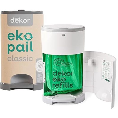 Diaper Dekor EKO Classic Diaper Pail, White | ONLY Eco-Friendly Diaper Pail Made with 70% Recycled Materials | Hands-Free: Step–Drop–Done | Cost-Effective Refill System