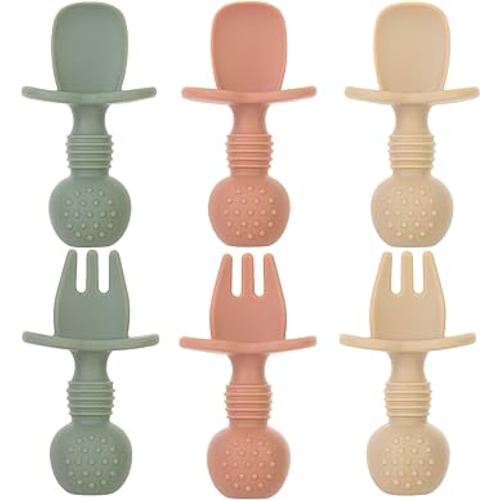 6 Pack Baby Spoons and Forks Set, Silicone First Stage Self Feeding Infant Toddler Utensils, BPA Free, Baby Led Weaning Feeding Supplies for Baby Essentials