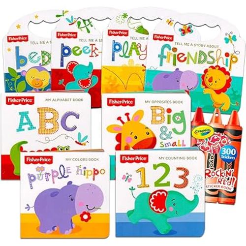 Fisher Price Board Books Ultimate Set For Babies, Toddlers - Bundle Pack of 8 Early Learning Fisher Price Board Books featuring Colors, Numbers, Opposites, and More with Reward Stickers