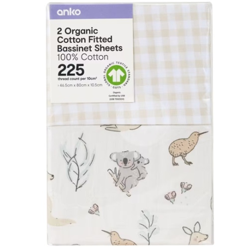 2 Pack 225 Thread Count Organic Cotton Fitted Bassinet Sheets - Australiana and Gingham Print