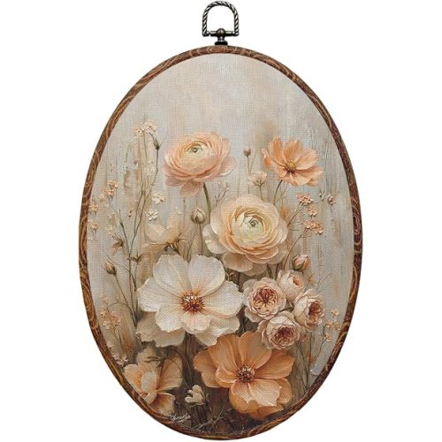 Vintage Neutral Floral Oval Wall Decor, Beige Peach Flower Canvas Wall Art, Rustic Cottagecore Botanical Farmhouse Framed Prints Hanging Decor Artwork for Home Bedroom Bathroom Living Room 8.3X12