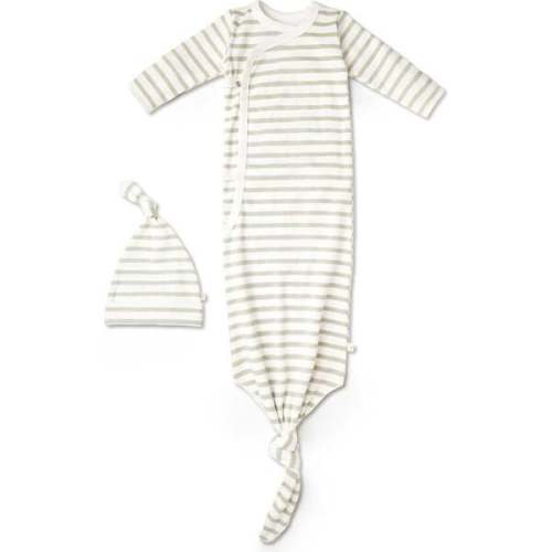 Organic Kimono Knotted Sleep Gown, Sage Stripes - Makemake Organics | Maisonette