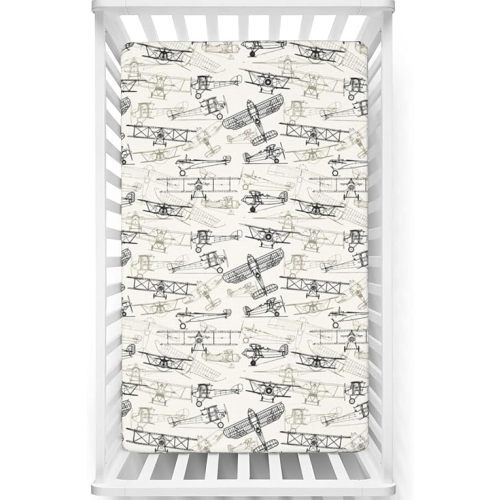 Airplane Themed Fitted Crib Sheet,Standard Crib Mattress Fitted Sheet Soft & Stretchy Fitted Crib Sheet-Baby Sheet for Boys Girls, 28“ x52“,Olive Green Tan Charcoal Grey