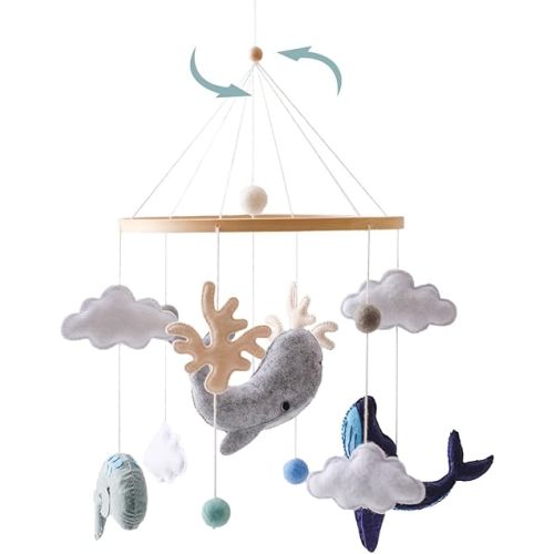 Montessori Baby Mobile for Crib Ocean Animals Crib Mobile Woodland Nursery Decor Soothe Toys for Ceiling Hanging Felt Ball Sea Blue Whale, White Clouds Baby Shower for Boys Girls Gifts