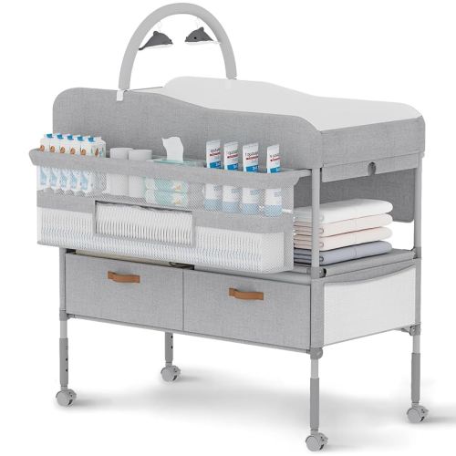 Diaper Changing Station, Portable Changing Table for Baby, Diaper Changing Table with Storage Drawers, Waterproof Baby Changing Station with Wheels and Adjustable Height for Newborn Infant and Toddler