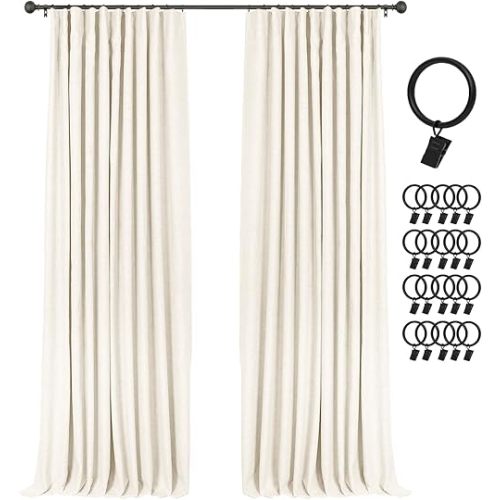INOVADAY Blackout Curtains, 2-Panel Linen Textured 100% Thermal Insulated Room Darkening Sun Blocking Drapes for Bedroom, Nursery, Living Room + 20 Curtain Ring Clips - Warm Beige White W50”xL84”