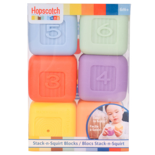 Hopscotch Lane Stack-n-Squirt Blocks - 6 Pack Soft Plastic Bath Squirters, Baby & Toddler 6+ Months