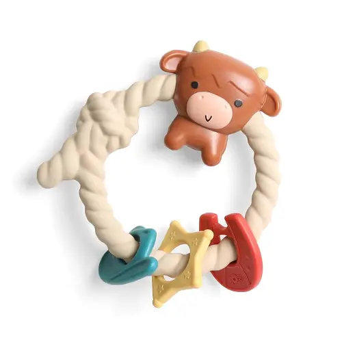 Itzy Ritzy Silicone Teether with Rattle; Rattle Teether Features Rattle Sound, Three Silicone Teething Rings and Raised Texture to Soothe Gums; Ages 3 Months and Up (Highland Cow)