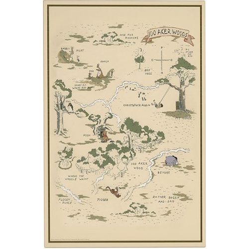 Open Road Brands Disney Winnie the Pooh Hundred Acre Wood Map - Large Vintage Winnie the Pooh Wall Decor for Play Room or Nursery