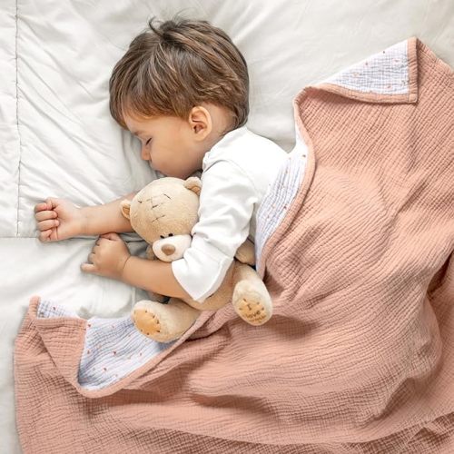 Lulu moon Muslin Baby Blanket - Cotton Quilt Blankets for Toddlers - Reversible Nursery Crib Blanket for Baby Boys and Girls 47"x47"(Peach Pink)