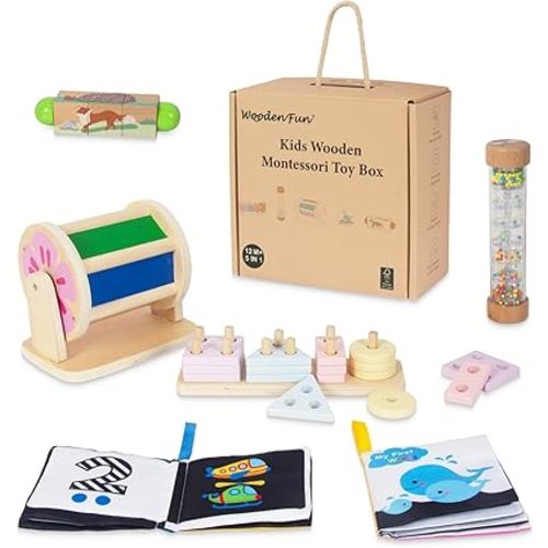 Wooden Baby Toys, 6-in-1 Newborn Learning Educational Sets Includes Mirror Spinning Drum, Rain Stick, Soft Cloth Books, Shape Sorter, Baby Roller - Christmas Birthday Gift for Boys Girls