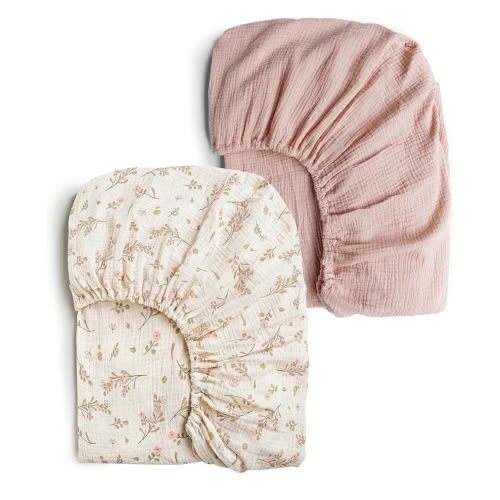 Konssy Muslin Crib Sheets for Girl Boy, 2 PCS Soft and Breathable Cotton Baby Sheets for Standard Crib Mattress, 52"x 28" (Floral, Pink)