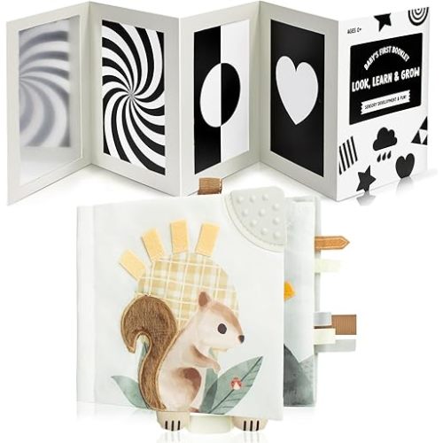 ZICOTO Soft Baby Book with Touch and Feel Pages and High Contrast Tummy Time Toy for Baby with Large Black and White Cards Bundle - Cute Sensory Book for Babies 0-6 Months