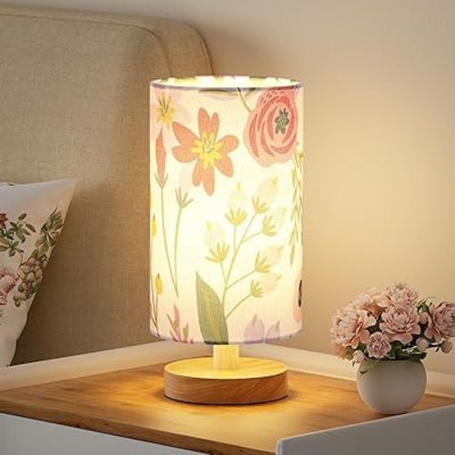 Fenmzee Floral Table Lamp for Bedroom - Inline Control, Small Bedside Lamp with 3000K A15 LED Blub, Easy Assembly (Floral White Shade, 9" Inline Control)