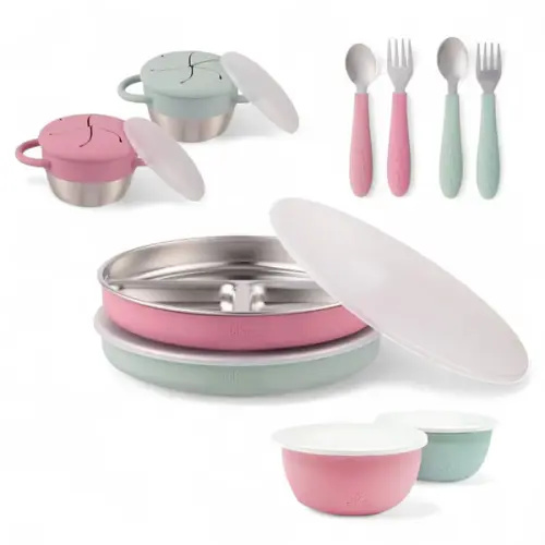 Stainless Steel Mealtime Bundle | Plates, Bowls, Snack Cups + Toddler Utensils | Normal Sleeves | Sage/MistyBlue