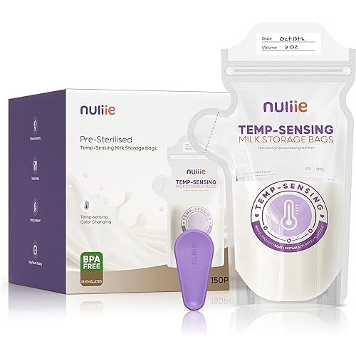 Nuliie 150pcs Temp-Sensing Breastmilk Storage Bag, Huge Temp-Sensing Icon & Locking Clamp, 6oz Breast Milk Storage Bags Freezer Pour Spout, Self Standing Milk Storage Bags Breastmilk, BPA-Free No-Leak