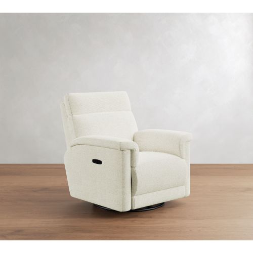 Dream Square Arm Upholstered Deluxe Power Swivel Recliner with Bronze Buttons, Down Blend Wrapped Cushions, Performance Heathered Basketweave Alabaster White