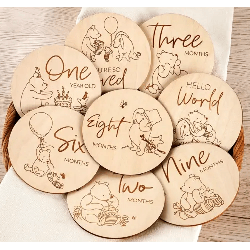 Winnie Baby Monthly Milestone Marker, Wooden Discs for Baby Photo Props with Hello World Newborn Sign - 8Pcs Double Sided Signs- Laser Engraving