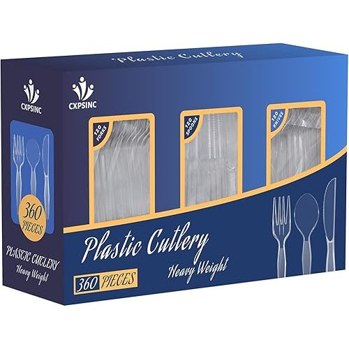 [360 Pack]Heavyweight Disposable Clear Plastic Cutlery Sets for Parties Includes 120 Forks, 120 Spoons, 120 Knives,Disposable Clear Cutlery Combo Set (360 Count Cutlery Sets)