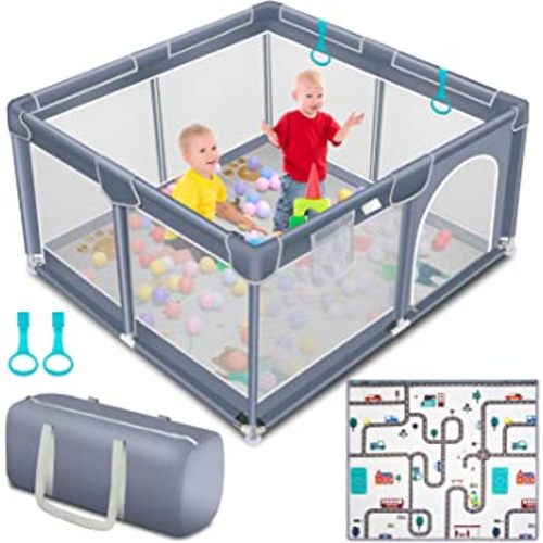 Suposeu Baby Playpen, Play Pen with Mat for Toddlers, Portable Large Baby Fence Area with Anti-Slip Base, Baby Play Yard with Gate, Baby Fence (Gray)