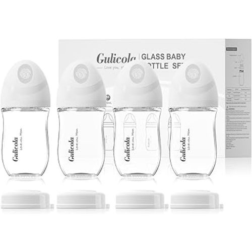 Natural Glass Baby Bottle 4 Pack, Newborn Breastfeeding Bottles Set, Extra Slow Flow Nipples (SS), Anti Colic, 0 Months+, 5 oz - White