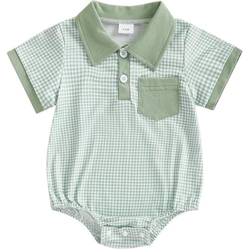 Newborn Baby Boy Summer Clothes Short Sleeve Lapel Button Romper Up Loose Fit Plaid Jumpsuit Infant Baby Boy Outfit