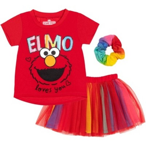 Sesame Street Elmo Abby Cadabby T-Shirt Tulle Skirt and Scrunchie 3 Piece Outfit Set Infant to Little Kid, Color: Red/rainbow, Size: 12 months